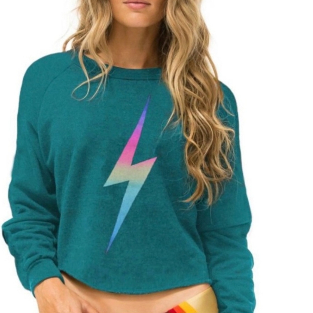 Aviator Nation Teal Sweatshirt with Rainbow Lightning Bolt